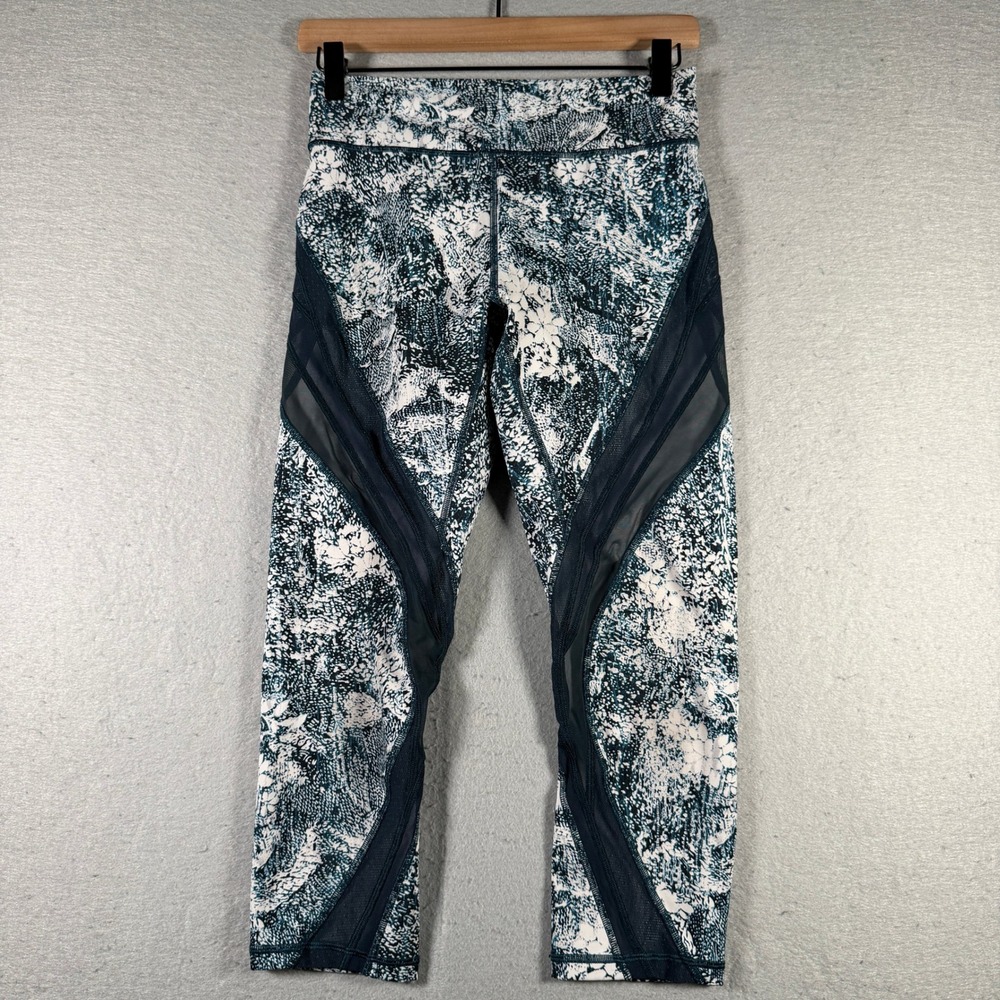 Lululemon‎ Train Times Crop 21 Teal White Floral Mesh Leggings Size 8 W5BLWS